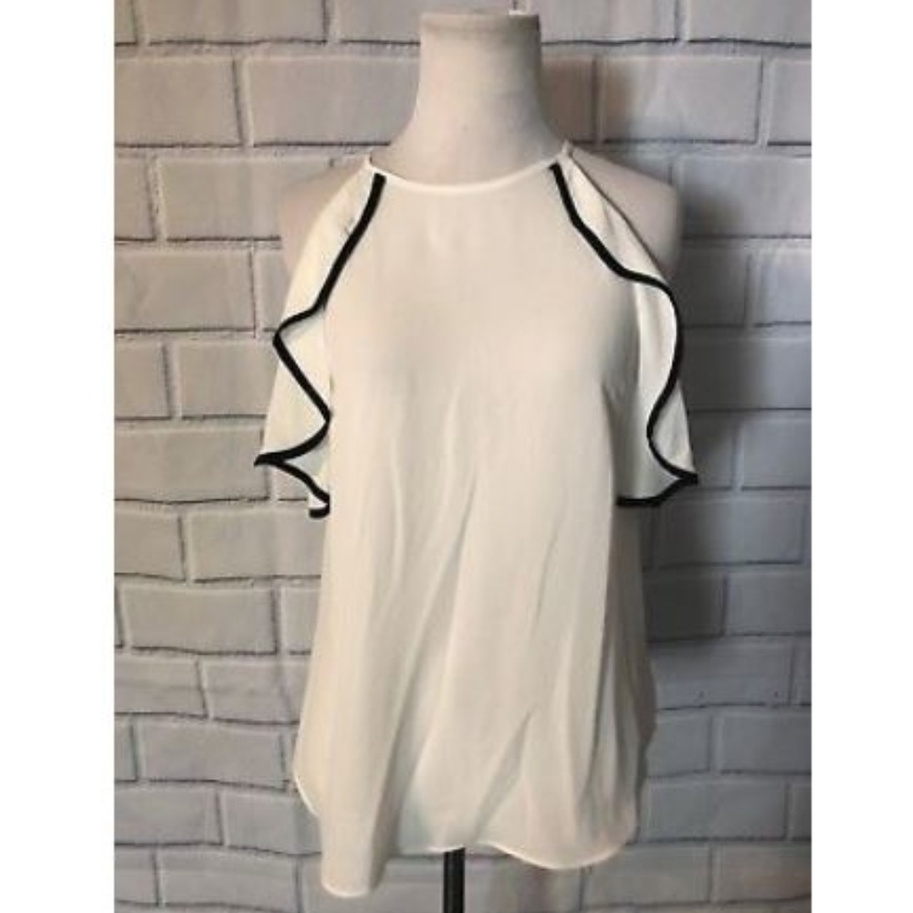 BCX Cold Shoulder Blouse Black White Ruffle